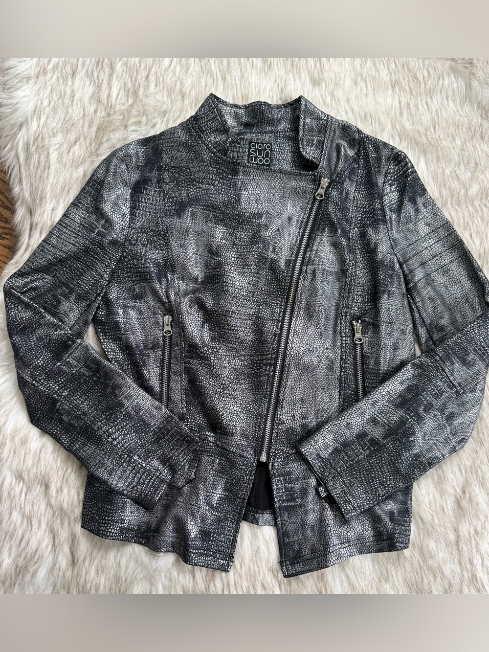 Clara Sun Woo Silver-Black Textured Moto Jacket